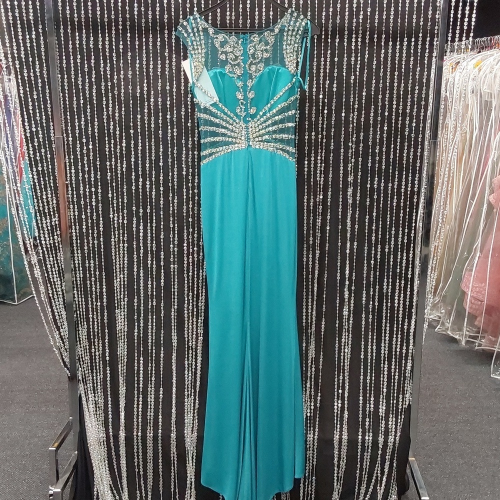 Splash Metallic Jersey Grad Prom Dress J480 Turquiose - Picture 4 of 6